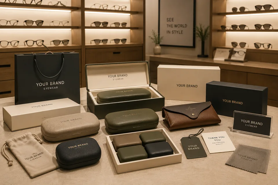 Branded eyewear packaging display inside an optical retail store
