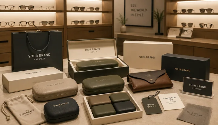 Branded eyewear packaging display inside an optical retail store