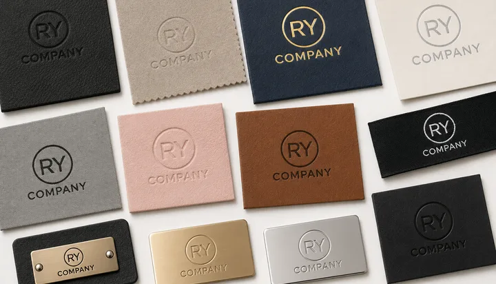 Logo customization samples including embossing, foil stamping, embroidery, and metal plates