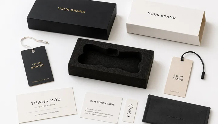 Custom eyewear packaging, tags, inserts, and molded case tray