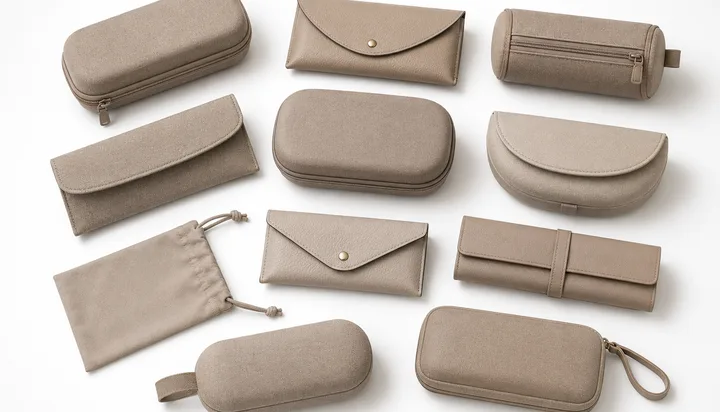 Coordinated beige eyewear case collection in multiple shapes